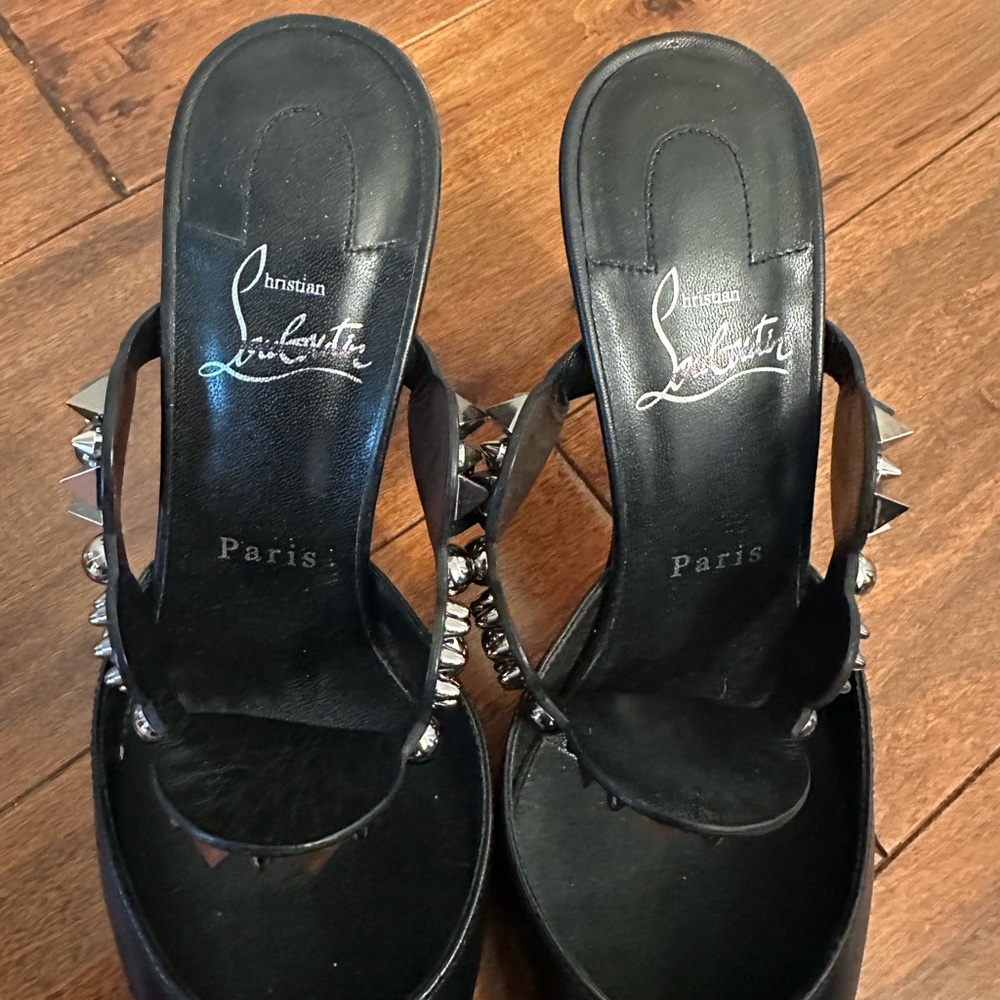 Christian Louboutin Black Miss Goldora 85 Mules Heels Pumps Sz 37 - Picture 8 of 14